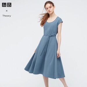 Uniqlo x Theory Ultra Stretch Blue A-Line Midi Dress‎ Cap Sleeves Pockets Size M